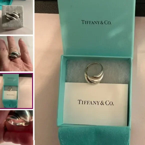 HP-TIFFANY &CO STERLING SILVER RING W/14K YELLOW GOLD TRIM DOME RING W/BOX+POUCH - Picture 4 of 6